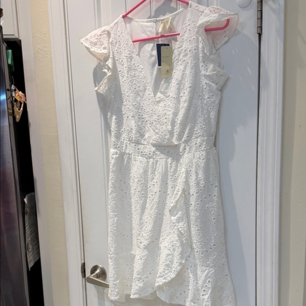 White Eyelet Wrap Mini Dress L stretch waist‎ cottagecore 5121